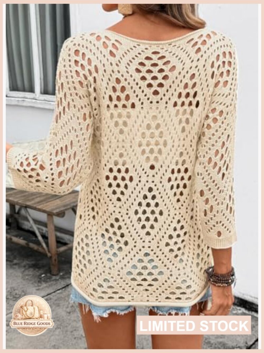 Crochet Hollow Out V-Neck Pullover Sweater Lightweight Boho Beach Cover Up 3/4 - Picture 6 of 7